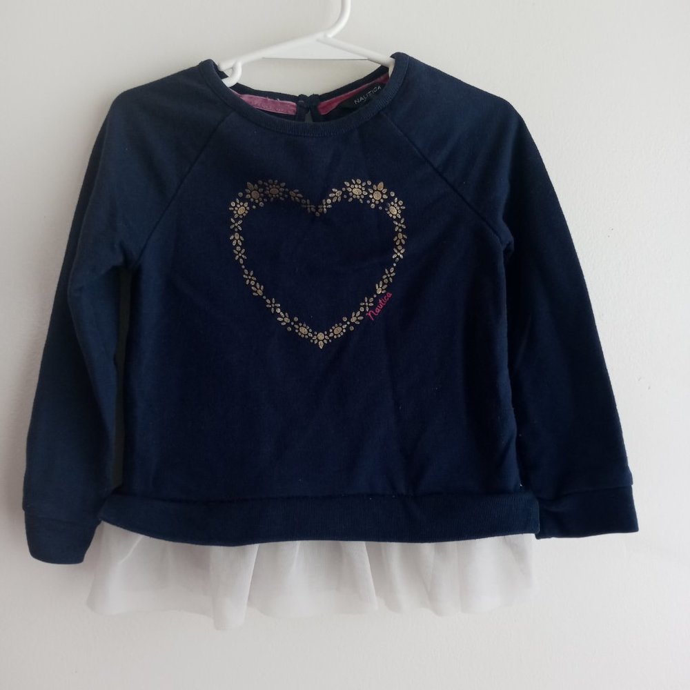 Nautica Blue Long Sleeve Heart Top With Ruffles For Girls 4T